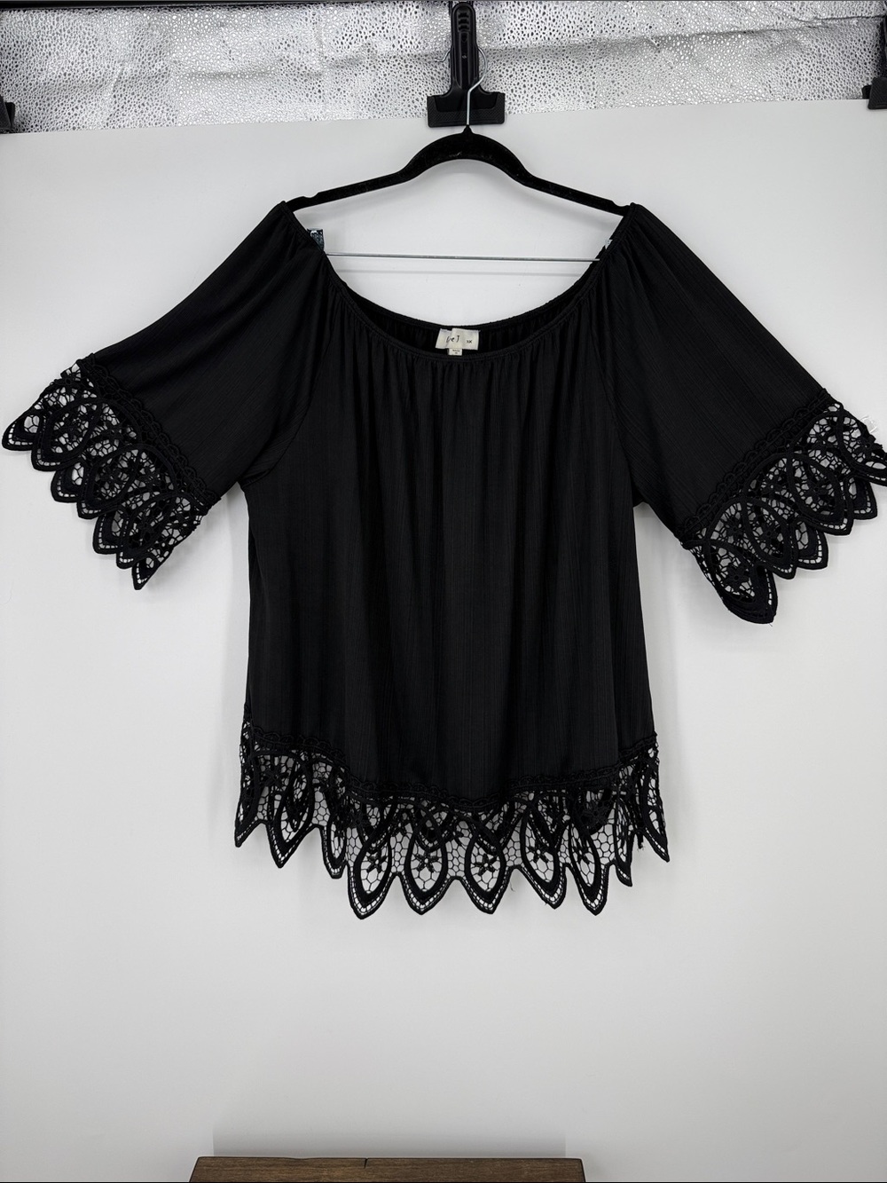Love J Boho Off-Shoulder Black Lace-Hem Women's Top 3X